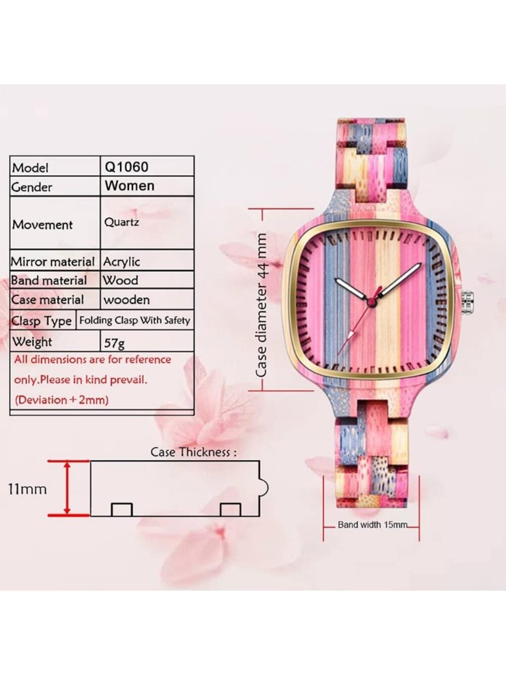 Women's Pink All Wood Strap Analog Classic Design Colorful Bamboo Wrist Watches - Picture 4 of 6